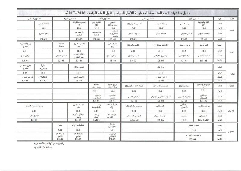 جدول المحاضرات الدراسية للعام 2016-2017 كلية الهندسه وعلوم الحاسوب (قسم االمعماري)