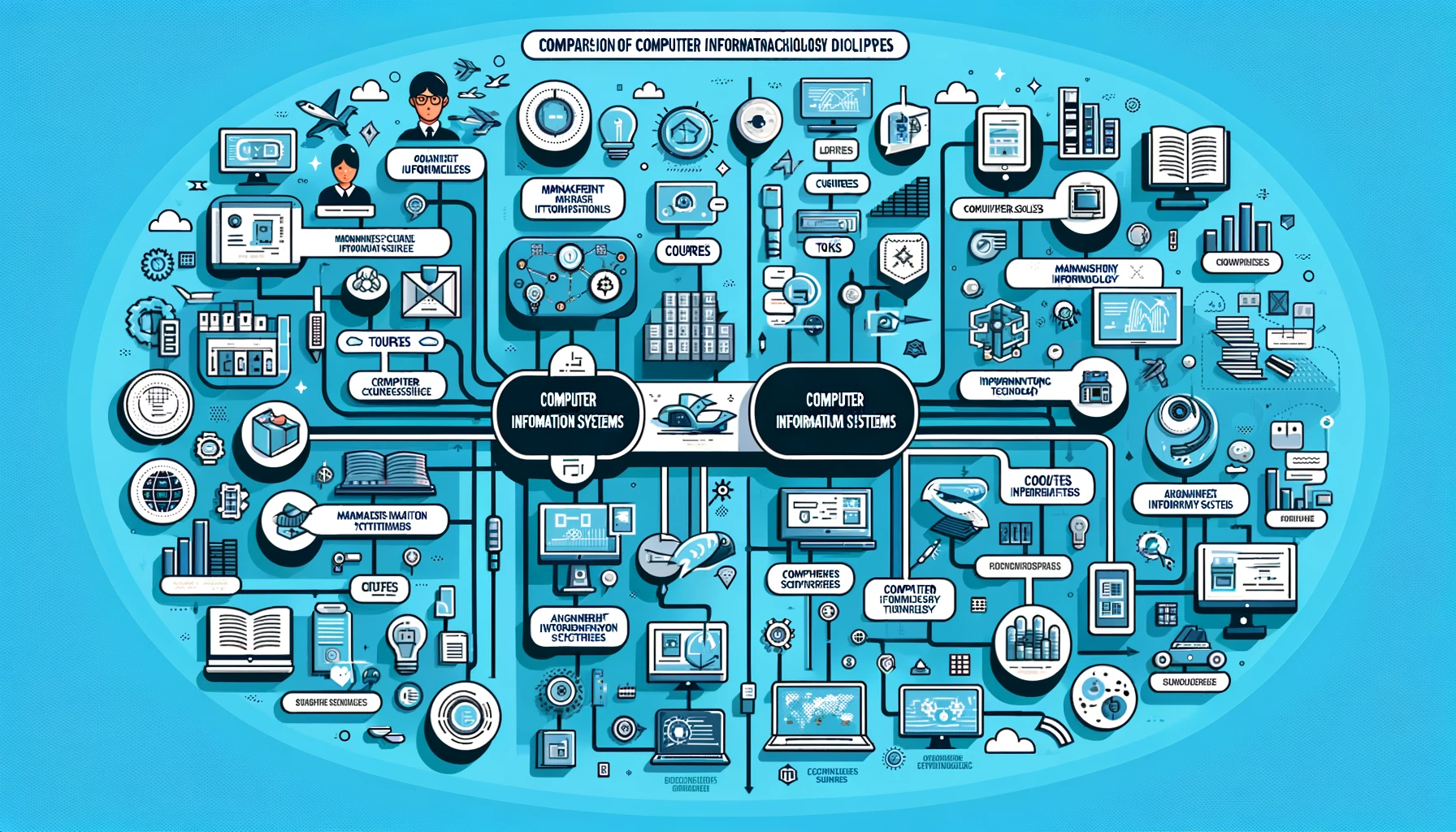مقارنة بين تخصصات الحاسوب وتكنولوجيا المعلومات: نظم المعلومات الحاسوبية، تقنية المعلومات، تكنولوجيا المعلومات، علوم الحاسوب، نظم المعلومات الإدارية، ونظم المعلومات المحاسبية